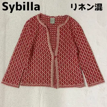 Sybilla 린넨 혼방 체크 가디건 자카드 레드 키나리