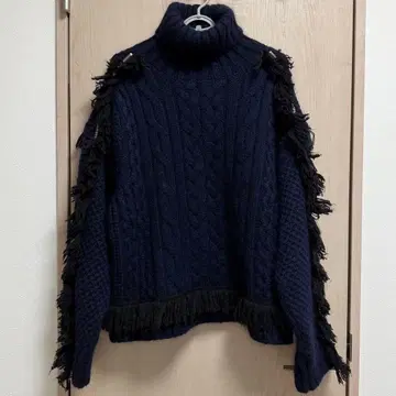 UNITED TOKYO 프린지 케이블 니트 스웨터 네이비 모헤어