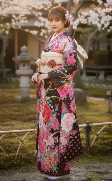 후리소데 세실 맥비 블랙 핑크 도트 줄무늬 스트라이프