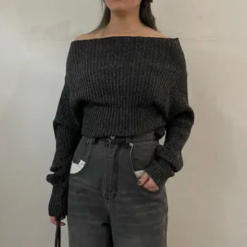 한국 스타일 오프숄더 리브 니트 스웨터 차콜 성숙 캐주얼
