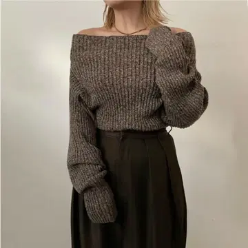 한국 스타일 오프숄더 리브 니트 스웨터 브라운 성숙 캐주얼