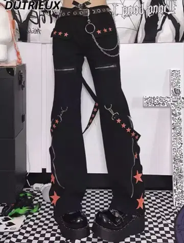본지티 벨트 변형 팬츠 블랙 스타 디자인 Y2k 펑크 스타일