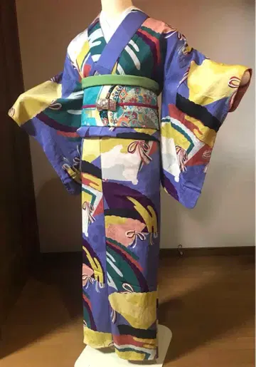 앤티크 기모노 컬러풀 팝 부채 & 리본 시접 포함 순수 실크 다이쇼 로망