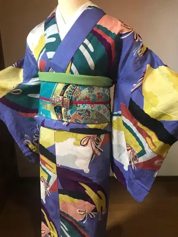 앤티크 기모노 컬러풀 팝 부채 & 리본 시접 포함 순수 실크 다이쇼 로망