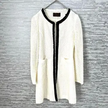 화이트 블랙 트위드 노카라 롱 코트 고급 한국 포멀 캐주얼