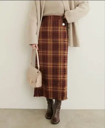 natural couture 랩 스타일 프린지 체크 타이트 스커트 브라운