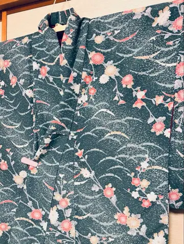 미사용품 교육용 실 포함 청록색 꽃무늬 기모노