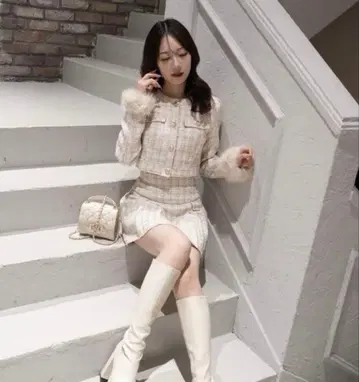 LIPSERVICE 퍼 슬리브 트위드 크롭 자켓