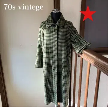 70s 빈티지 올리브 x 블랙 하운드투스 스탠 칼라 롱 코트