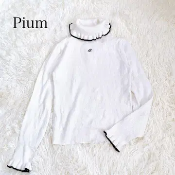 pium 바이컬러 로고 프릴 터틀 니트 화이트 F 레이온 나일론