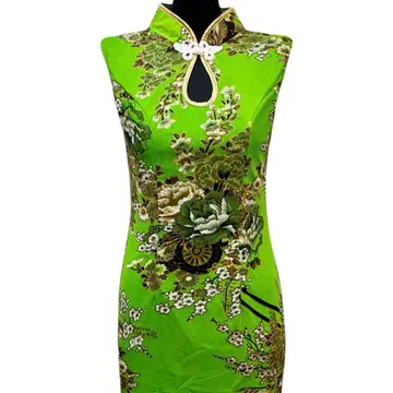 [ 새상품 ] 태국제 꽃무늬 차이나 드레스 그린 스트레치 슬리브리스