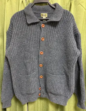 80s 90s 그린 택 올드 유니클로 가디건 숄카라 울