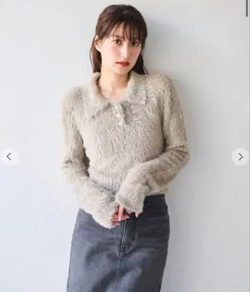 COCO DEAL 라메 혼방 숏 페더 폴로 니트 베이지 M