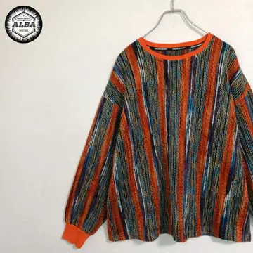 [새상품급] 맨투맨 니트 패턴 자수 빈티지 COOGI풍 주황 오렌지