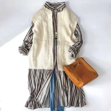 새상품급 저널 스탠다드 밴드 카라 롱 셔츠 원피스 스트라이프 패턴