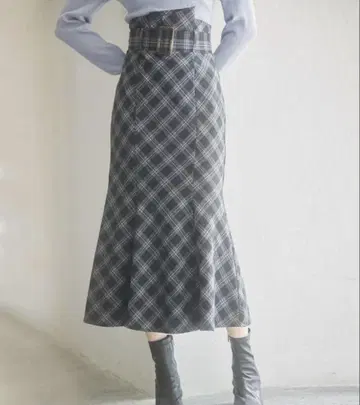 saison de papillon 배색 체크 무늬 하이웨스트 스커트