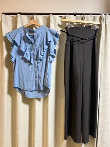 라그나문 프릴 핀턱 슬리브리스 블라우스 벨트 와이드 팬츠