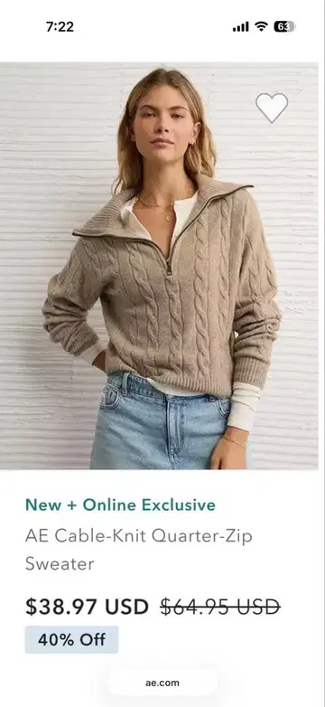 American Eagle 케이블 짜임 쿼터 지퍼 스웨터