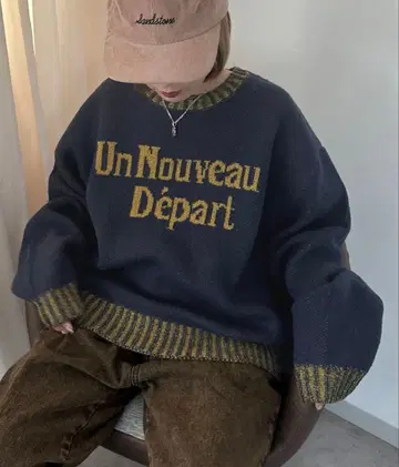 apres jour mignon 배색 리브 로고 니트 네이비