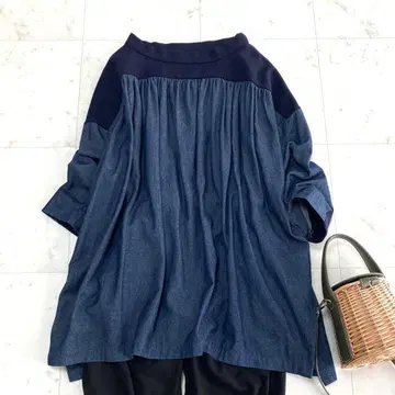 새상품급 미즈이로 인드 데님 개더 풀오버 튜닉 절개 울