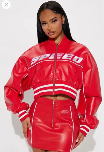 fashionnova 빨간색 레드 크롭 가죽 자켓 & 스커트 세트 M