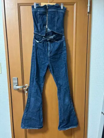 [ 하자품 새상품급 ] EMODA 데님 플레어 지퍼 살로펫 오버롤 M