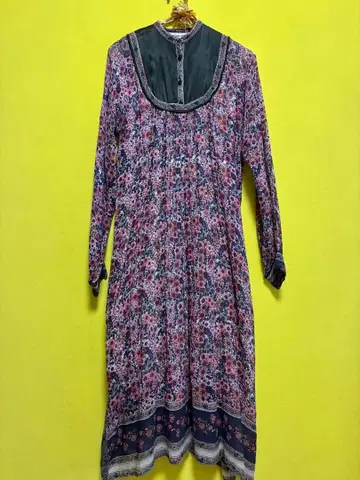 빈티지 인도 면 골드 스탬프 롱 원피스 꽃무늬 블랙 핑크