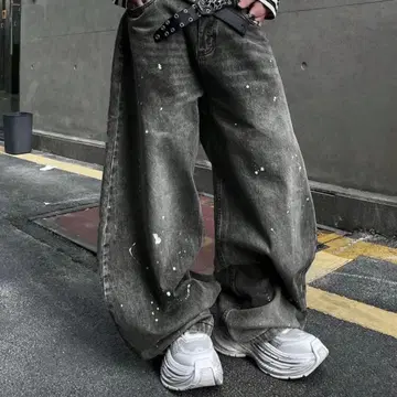 [ 선착순 ] 남성용 와이드 레그 데님 블랙 Y2K 스트릿 빈티지 가공