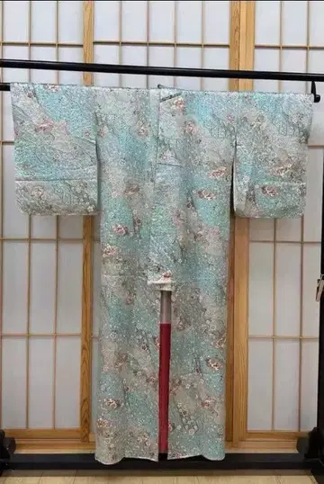 스카이블루 꽃무늬 순수 실크 코몬 기모노