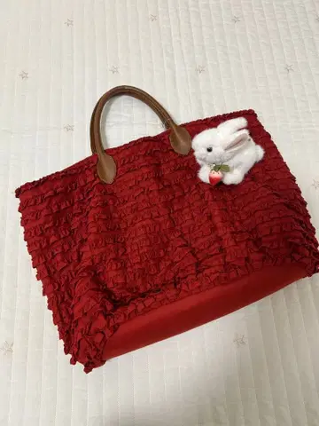 핑크하우스 토트 백 총 피코프릴 빨간색 면 로운 손잡이 가죽