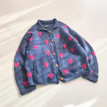 레어 패턴! 에콰도르제 핸드 니트 하트 무늬 가디건 로우 게이지 B12