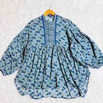 마블슈드 인도 면 꽃무늬 개더 블라우스 튜닉 퍼프 슬리브