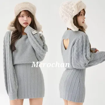 다리치 하트 오픈 니트 미니 원피스 그레이