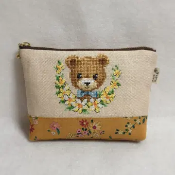 크로스 스티치 곰돌이 자수 파우치 핸드메이드 tilda 꽃무늬 티르다