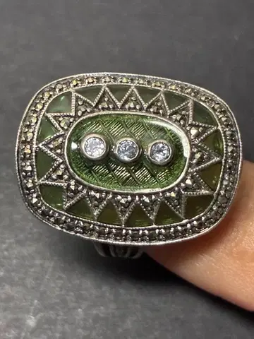 빈티지 925 각인 13호 그린 에나멜 x 마카사이트풍 반지