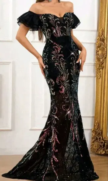 비즈 자수 오프숄더 머메이드 드레스