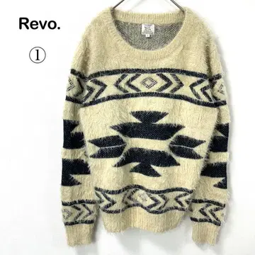 [레브] 긴팔 니트 스웨터 모헤어풍 터치 네이티브 패턴 아이보리 계열 1