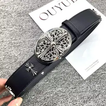 크로스 모티브 실버 버클 가죽 벨트