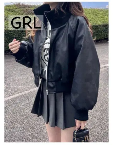 [ GRL ] 럭셔리 인조 가죽 블루종 블랙 하이넥 볼륨 소매 자켓