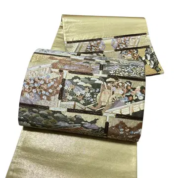 A 169 후쿠로 오비 대북 자수 경치 수화 순수 실크 기모노