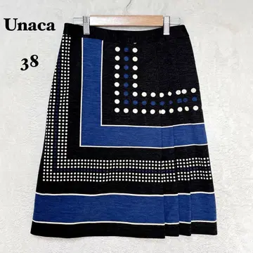 아나카 울 혼방 A라인 스커트 38 기하학 패턴 블랙 일본제 플리츠 미디