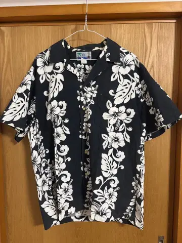 빈티지 RJC 알로하 셔츠 L 블랙/화이트 플라워 프린트 하와이 제조
