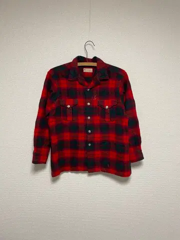 60s USA제 오픈 카라 울 셔츠 플란넬 셔츠 워크 짧은 기장 배색