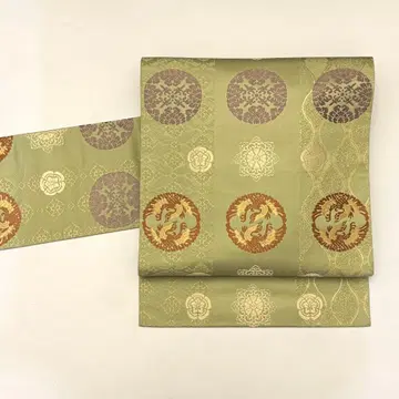 나고야 오비 순수 실크 니시진 비단 당직 중고 그린 새so122