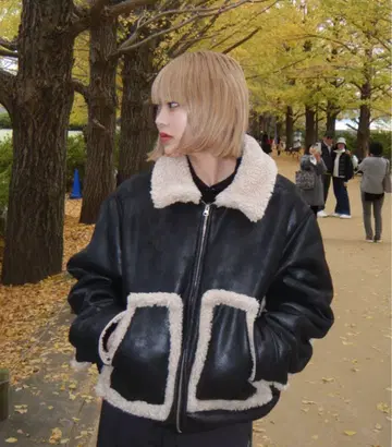 shesame 페이크 무스탕 보아 블루종 블랙 M