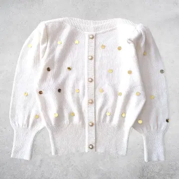 램 혼방 스팽글 니트 가디건 펄 버튼 화이트 L 개성적