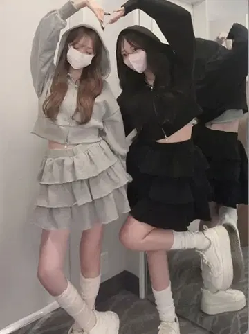 지퍼 후드티 x 프릴 미니 스커트 맨투맨 셋업 [pm631]