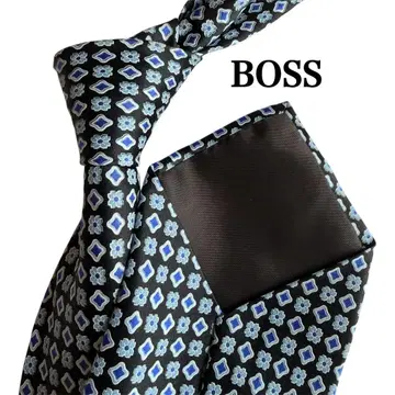 새상품급 BOSS 기하학 패턴 다이아몬드 패턴 클로버 파랑 블랙 넥타이