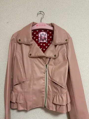 허니번치 핑크 프릴 리본 합성 피혁 자켓