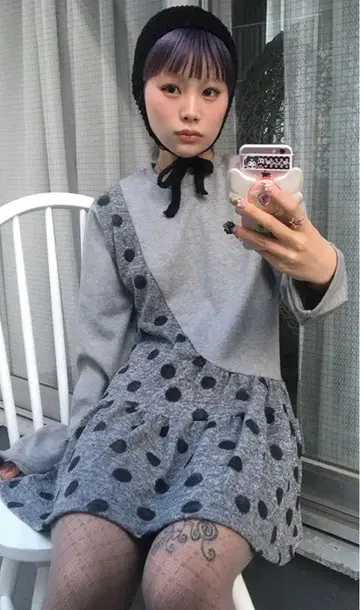 haku 도트 유니크 레이어드 T셔츠 원피스